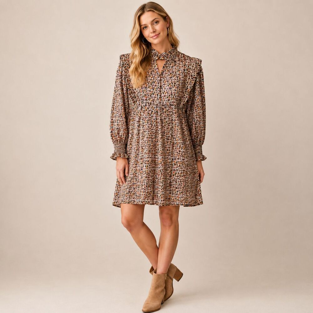 ba&sh Deep Ecru Dress M US 8 Metallic Abstract Print Ruffle Neck Boho Mini Shift